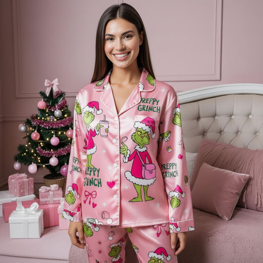 CozyGrin™Pink Preppy Grinch Satin Pajama Set