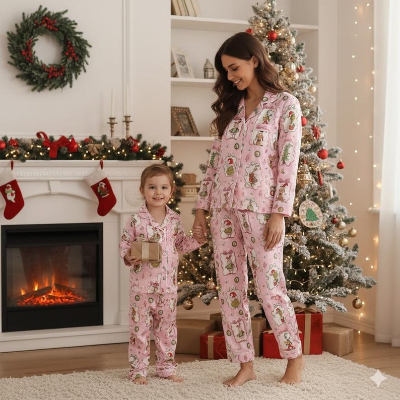 CozyGrin™CozyGrin™Grinch Themed Pink Whoville Christmas Satin Pajamas Set