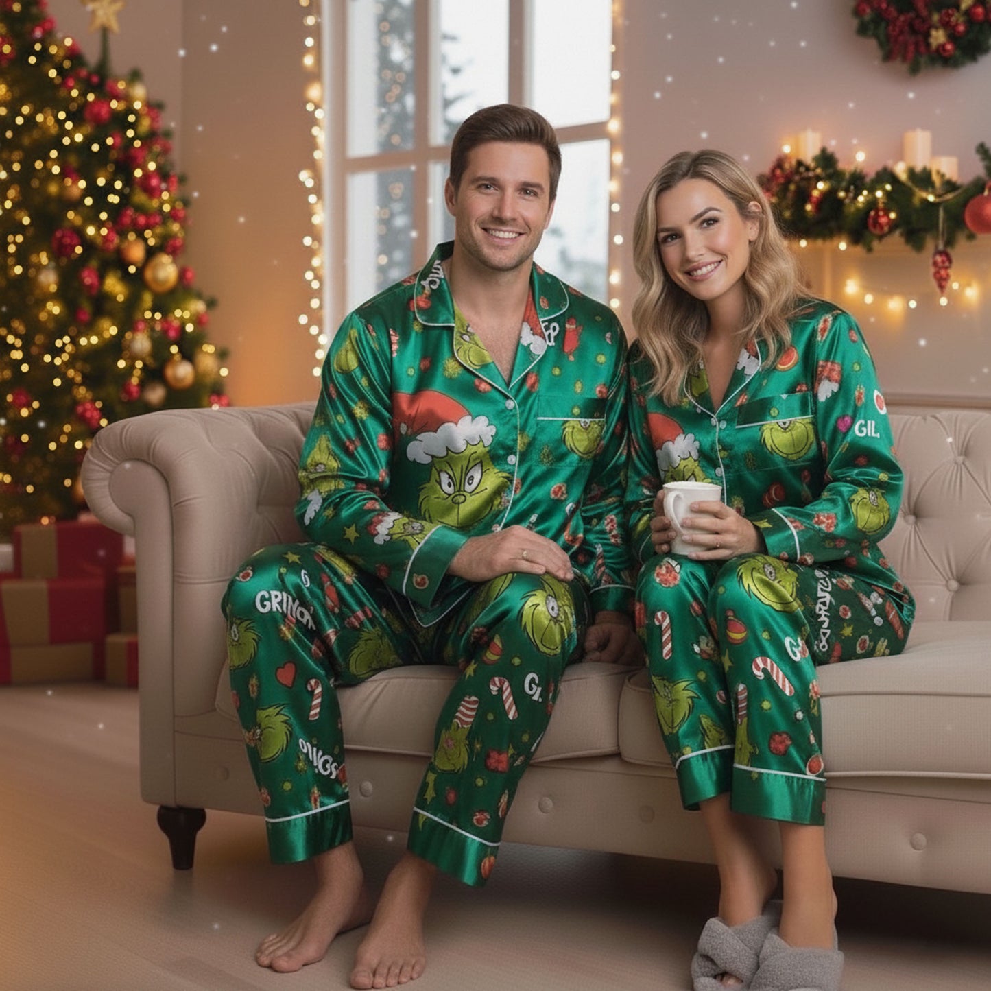 CozyGrin™Grinch Satin Christmas Pajamas Set Christmas for Family