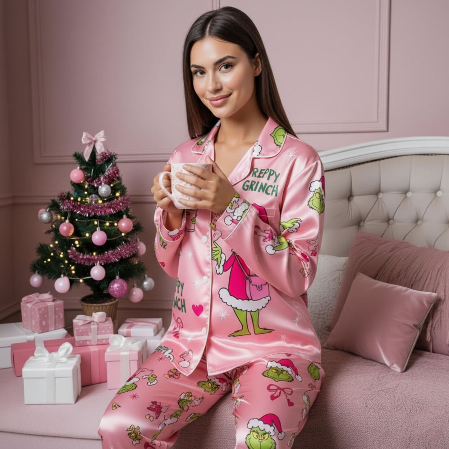 CozyGrin™Pink Preppy Grinch Satin Pajama Set
