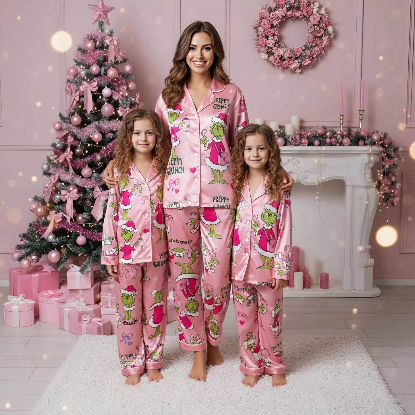 CozyGrin™Pink Preppy Grinch Satin Pajama Set