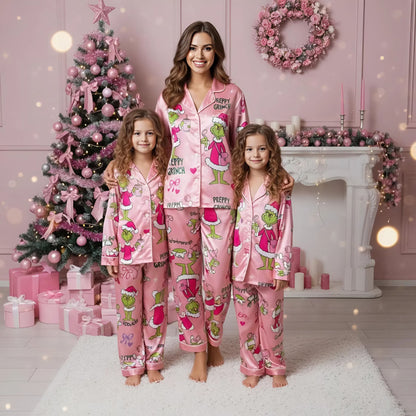CozyGrin™Pink Preppy Grinch Satin Pajama Set