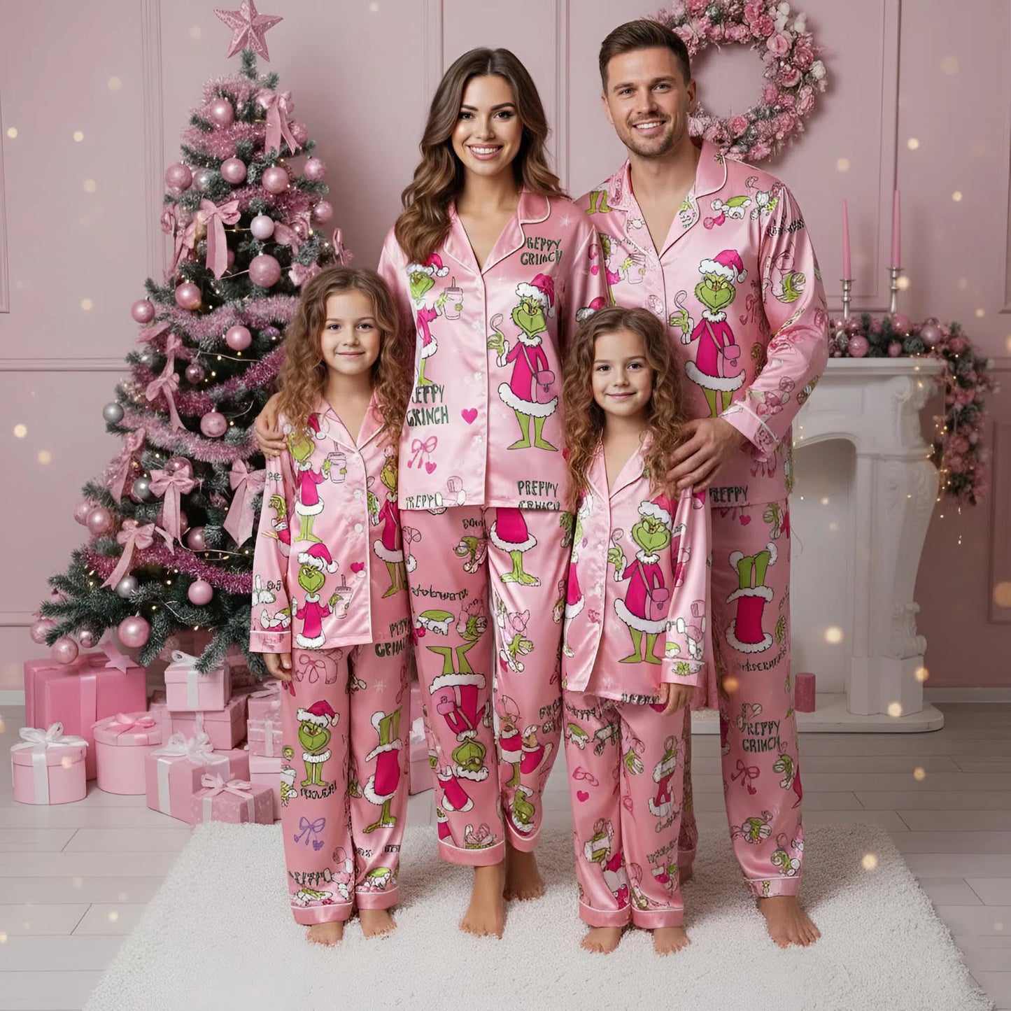 CozyGrin™Pink Preppy Grinch Satin Pajama Set