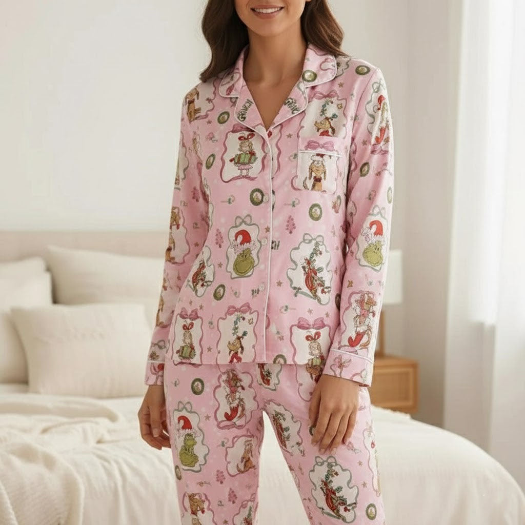 CozyGrin™CozyGrin™Grinch Themed Pink Whoville Christmas Satin Pajamas Set