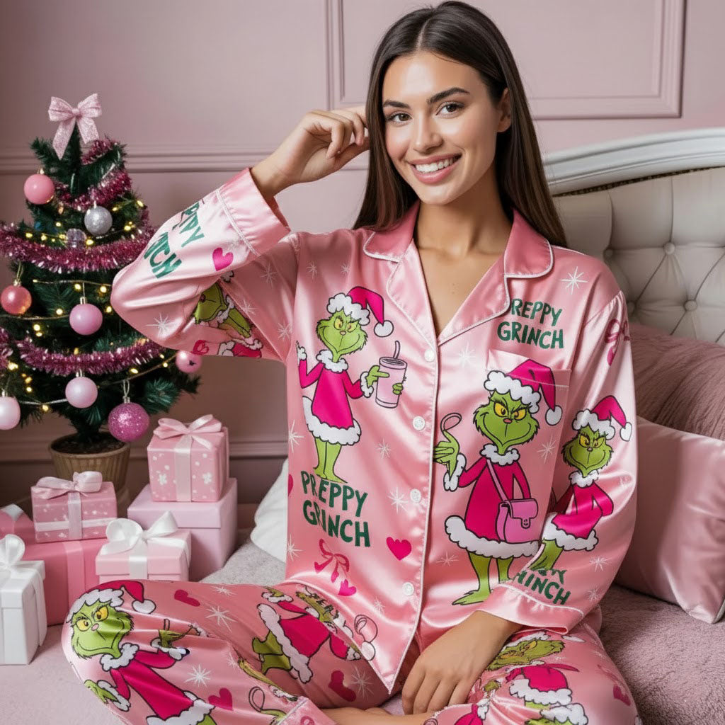 CozyGrin™Pink Preppy Grinch Satin Pajama Set