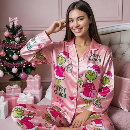 CozyGrin™Pink Preppy Grinch Satin Pajama Set